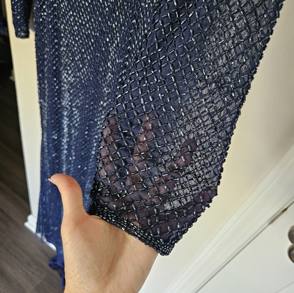 Mac Duggal Navy Bugle Bead Long Sleeve Sheath Formal Gown NWT Size 6 - Picture 7 of 16